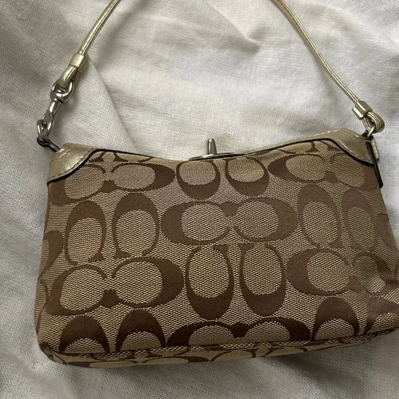 Coach jacquard Tan and Gold Signature wristlet mini bag purse - Picture 1 of 8